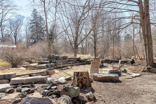 view of yard with an outdoor fire pit and a patio