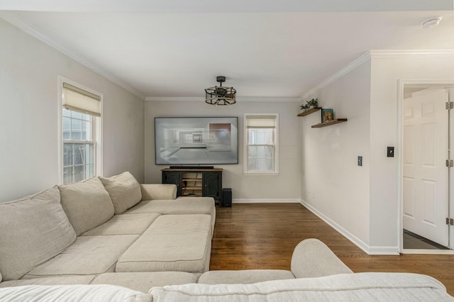 living room featuring crown molding, baseboards, and wood finished floors