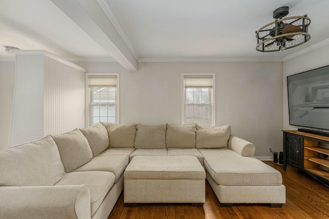 living area with crown molding, a wealth of natural light, and dark wood finished floors