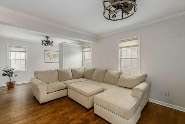 living area with crown molding, baseboards, and dark wood-type flooring