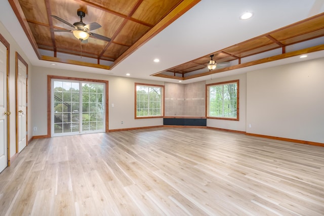 unfurnished living room featuring a healthy amount of sunlight, light wood-style floors, and a tray ceiling