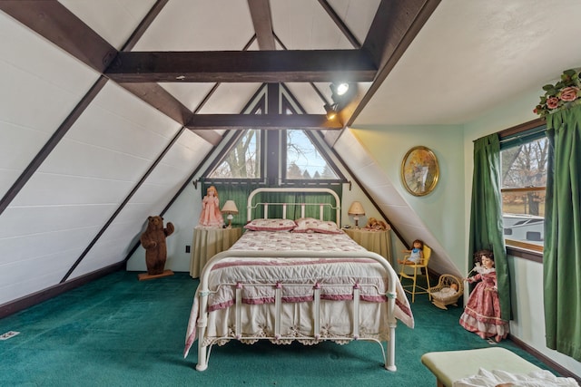 carpeted bedroom with lofted ceiling with beams