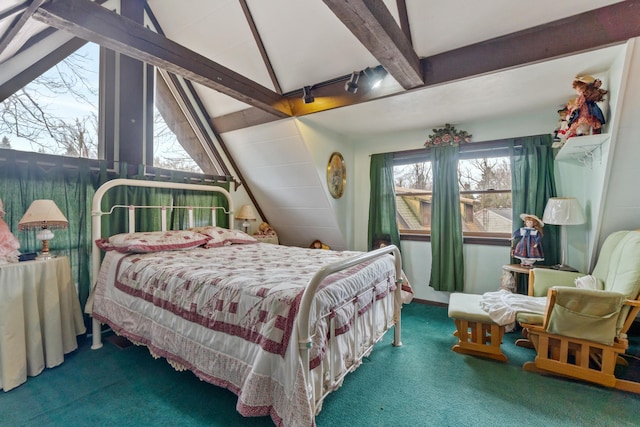 bedroom with carpet floors and vaulted ceiling with beams