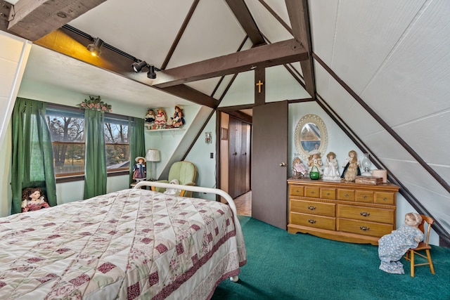 carpeted bedroom with lofted ceiling with beams