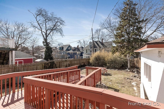 wooden terrace with a residential view and fence private yard