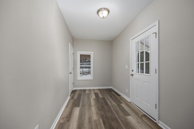 doorway featuring plenty of natural light, dark wood finished floors, and baseboards