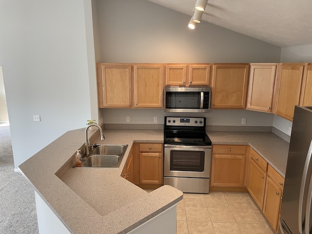 kitchen with light brown cabinetry, a peninsula, stainless steel appliances, and a sink