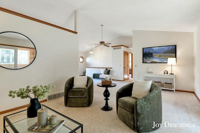 carpeted living room featuring visible vents, lofted ceiling, and baseboards