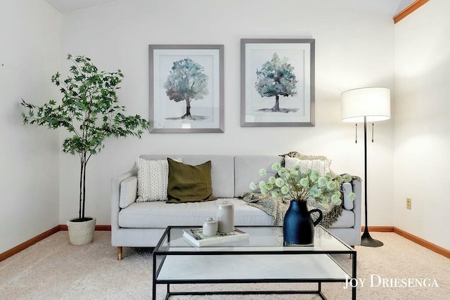 carpeted living area featuring baseboards