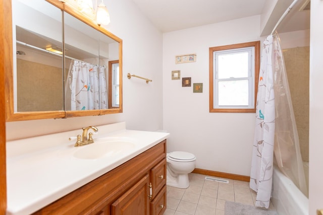 bathroom with tile patterned floors, visible vents, toilet, baseboards, and vanity