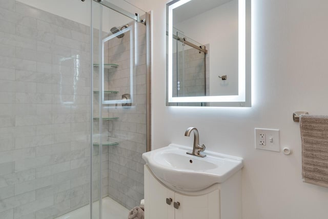 bathroom featuring a shower stall and vanity