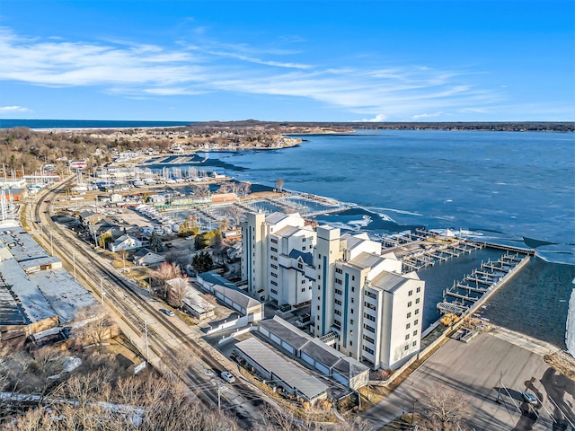 drone / aerial view with a water view