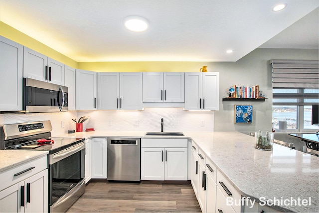 kitchen with light stone countertops, a sink, dark wood-type flooring, appliances with stainless steel finishes, and backsplash