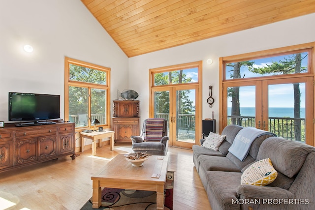 living room featuring french doors, high vaulted ceiling, and light wood-style floors