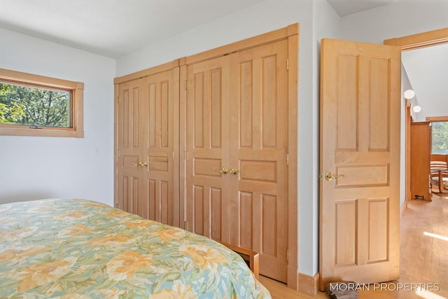 bedroom featuring light wood-type flooring and a closet