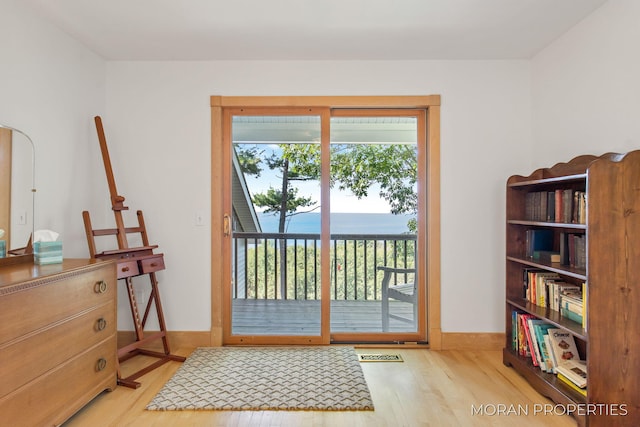 entryway featuring wood finished floors, baseboards, and a water view