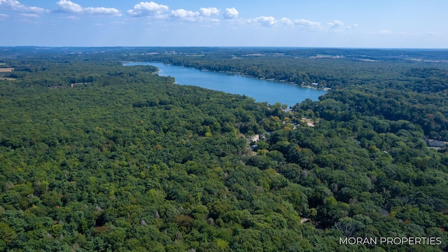 birds eye view of property featuring a forest view and a water view