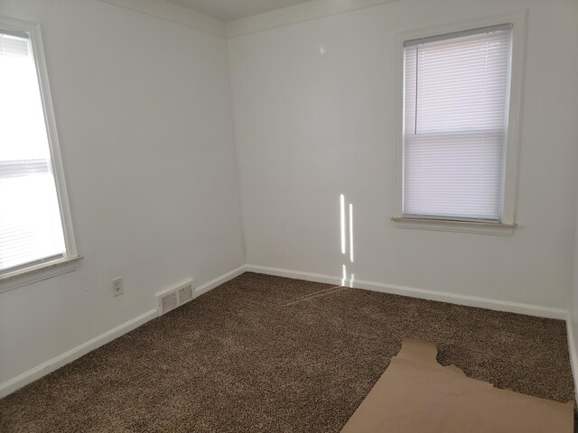 spare room with carpet, visible vents, and baseboards