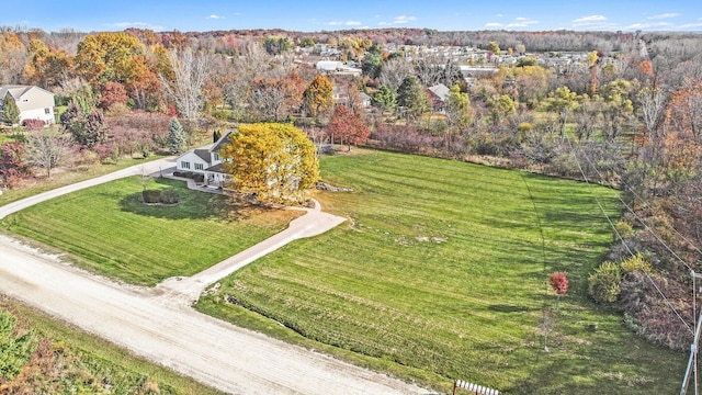 bird's eye view with a wooded view