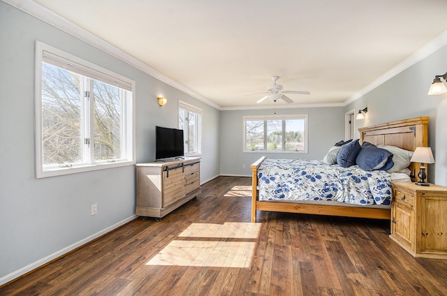 bedroom featuring ornamental molding, baseboards, and dark wood-style flooring