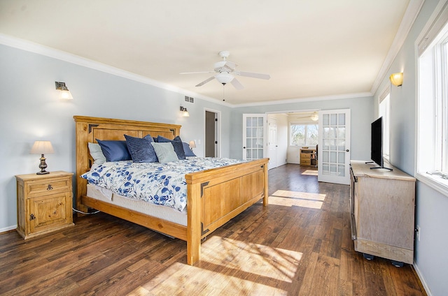 bedroom with visible vents, ornamental molding, dark wood-style floors, french doors, and baseboards