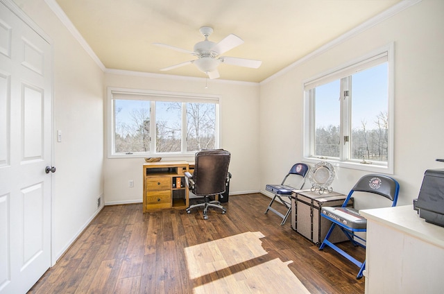 home office featuring dark wood-type flooring, baseboards, and ornamental molding