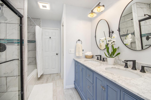 full bath featuring double vanity, visible vents, shower / bath combination with curtain, and a sink