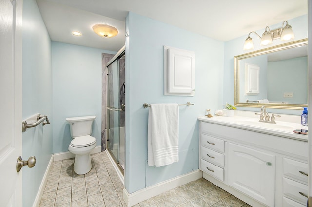 full bath featuring tile patterned floors, toilet, a stall shower, baseboards, and vanity