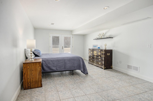 bedroom with visible vents, baseboards, access to exterior, and french doors