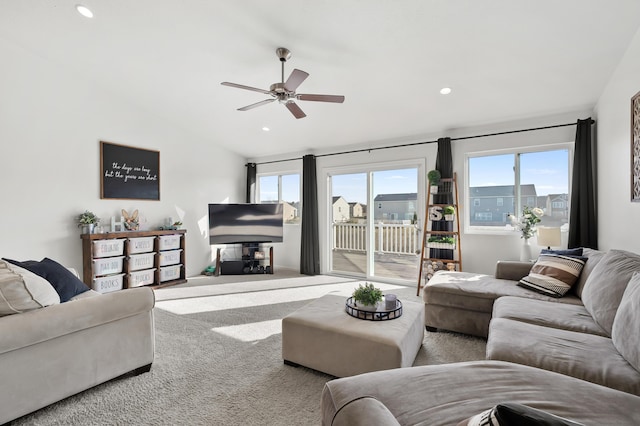 living room featuring recessed lighting, ceiling fan, carpet, and vaulted ceiling