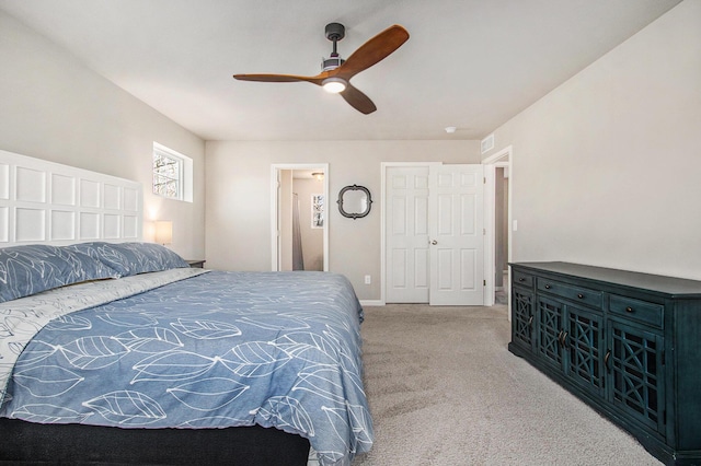 bedroom with visible vents, ceiling fan, baseboards, and carpet