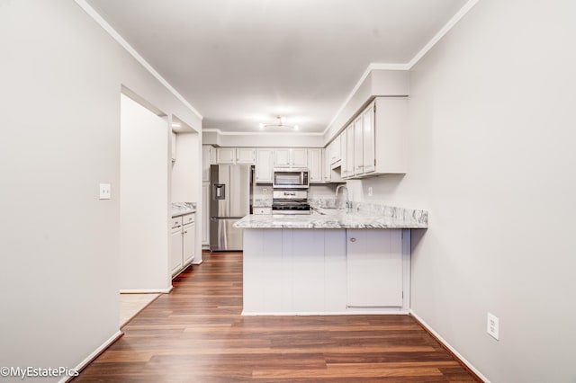 kitchen with ornamental molding, a sink, dark wood finished floors, appliances with stainless steel finishes, and a peninsula