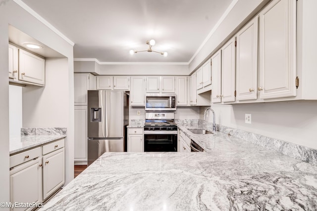 kitchen featuring a sink, crown molding, light stone counters, and stainless steel appliances