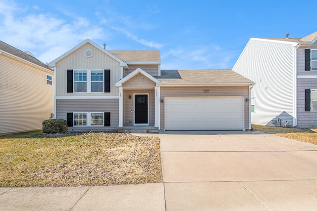 view of front of property featuring board and batten siding, concrete driveway, a garage, and a shingled roof