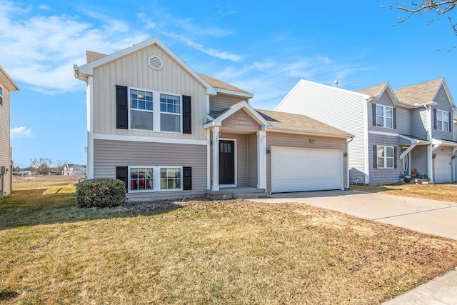 view of front of home with board and batten siding, concrete driveway, a garage, and a front yard