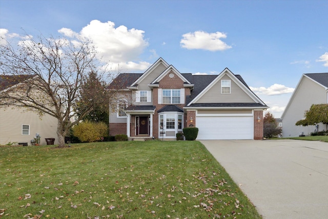 view of front of house with a garage, a front lawn, brick siding, and driveway