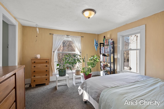 carpeted bedroom featuring multiple windows and a textured ceiling