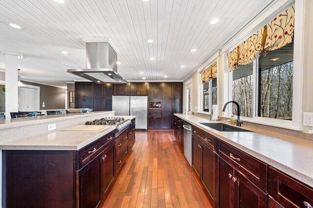 61914 M-51, Niles, MI 49120 - kitchen featuring dark wood finished floors, light countertops, appliances with stainless steel finishes, island range hood, and a sink