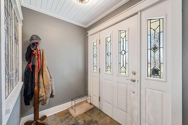 61914 M-51, Niles, MI 49120 - foyer entrance with stone finish flooring, baseboards, ornamental molding, and wooden ceiling