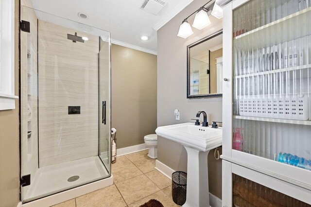 61914 M-51, Niles, MI 49120 - full bathroom with tile patterned flooring, visible vents, toilet, ornamental molding, and a stall shower