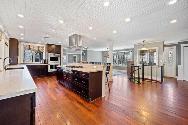 61914 M-51, Niles, MI 49120 - kitchen with double oven, light countertops, stovetop, island range hood, and a sink