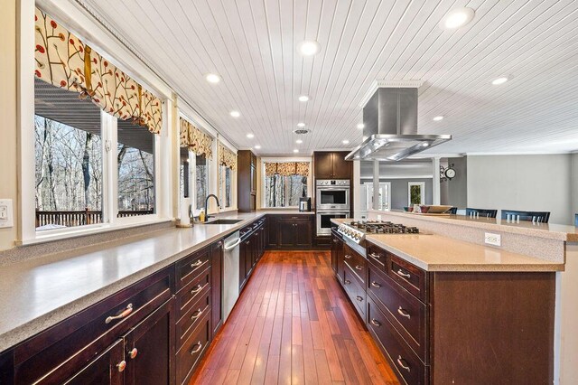 61914 M-51, Niles, MI 49120 - kitchen with a center island, light countertops, appliances with stainless steel finishes, island exhaust hood, and a sink