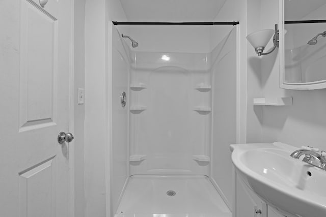 bathroom with walk in shower and a sink