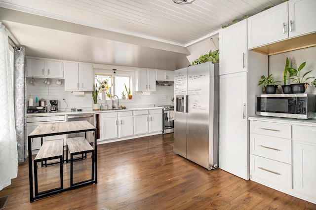 kitchen with tasteful backsplash, light countertops, white cabinets, stainless steel appliances, and dark wood-style flooring