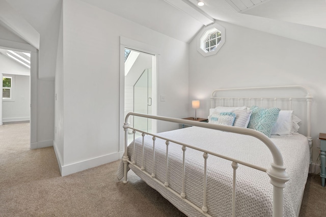 carpeted bedroom with baseboards and lofted ceiling