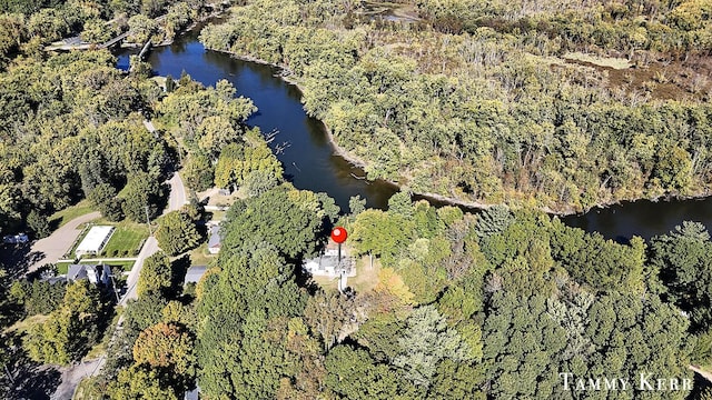 bird's eye view featuring a wooded view and a water view