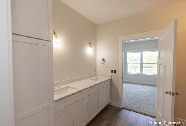 6627 Shoreside Ct SE, Grand Rapids, MI 49548 - bathroom with baseboards, wood finished floors, and double vanity