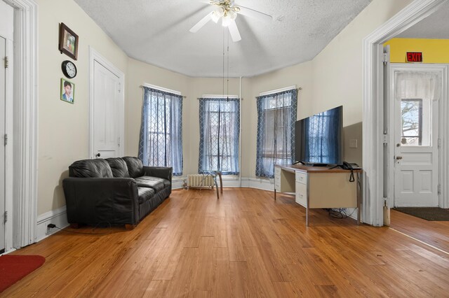 240 S Main St, Three Rivers, MI 49093 - living area featuring a ceiling fan, light wood-style floors, baseboards, and a textured ceiling
