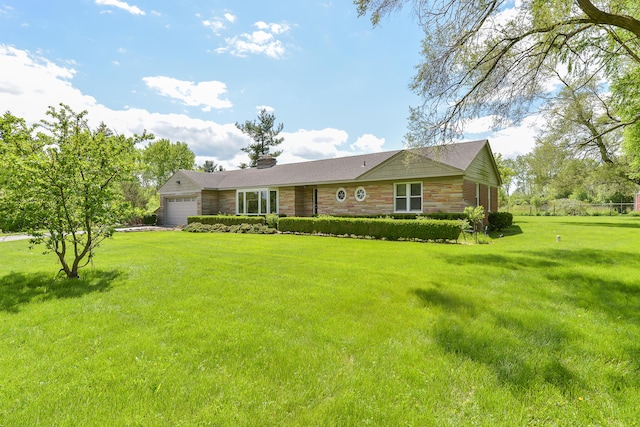 single story home featuring stone siding, an attached garage, and a front lawn