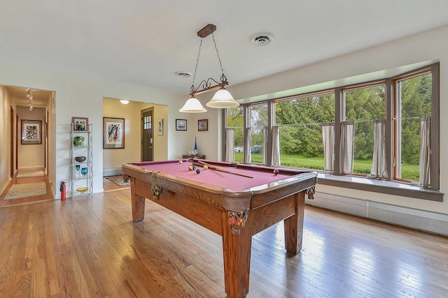 recreation room with billiards, light wood-style flooring, and visible vents